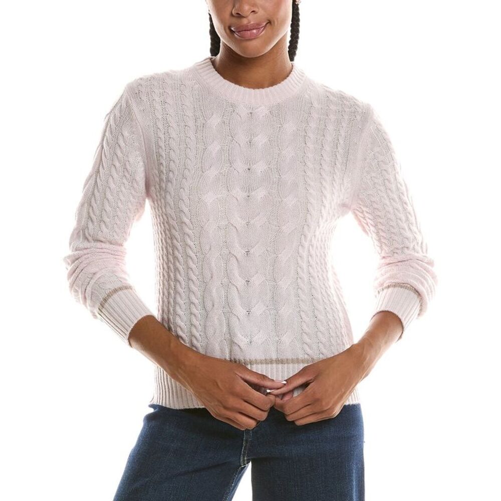 Forte Cashmere Womens Plaited Tipped Cable Crew Cashmere Sweater, Pink